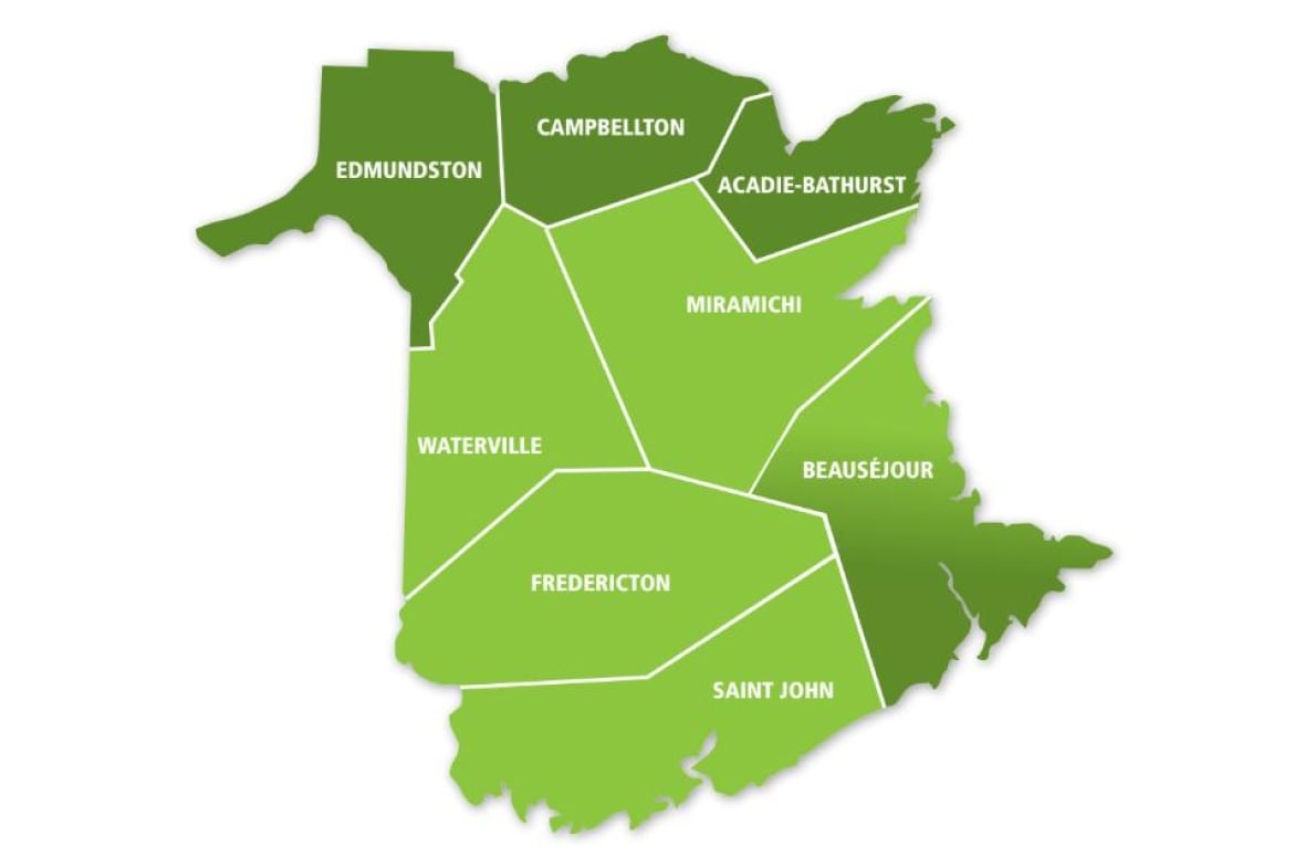 Um mapa de New Brunswick dividido nas sete zonas de saúde.