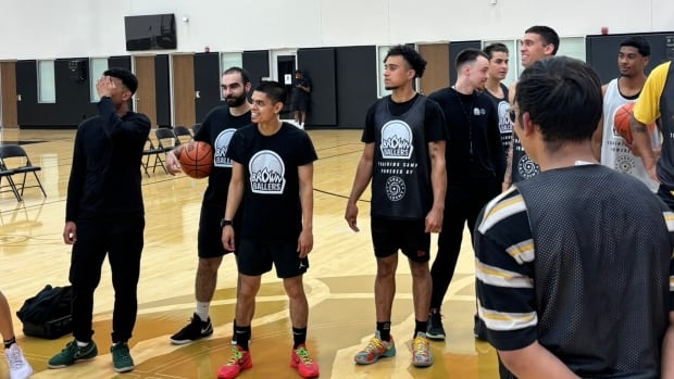 A basketball team listens to the coach.