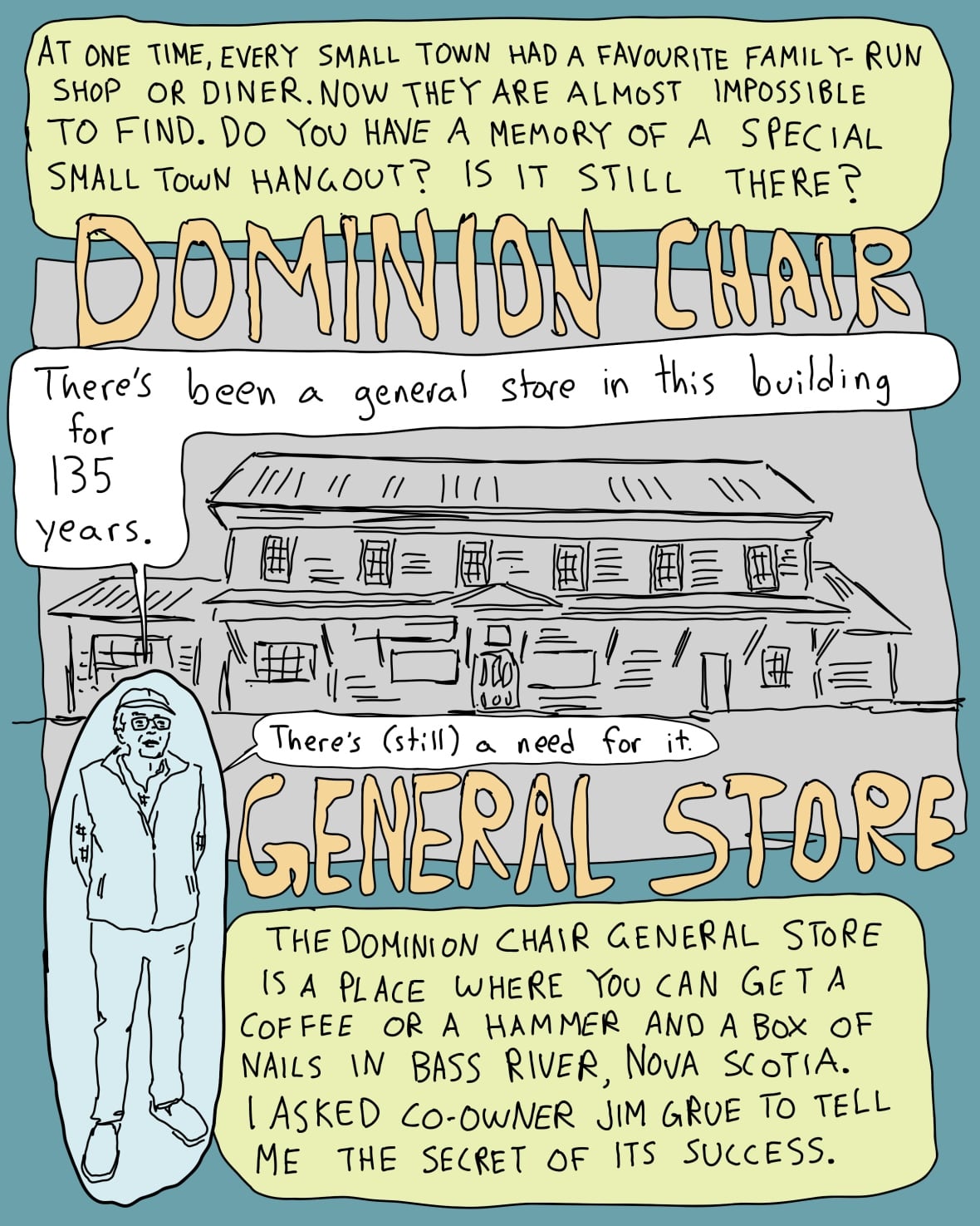 An illustration of the Dominion Chair General Store with Jim Grue the current owner. 