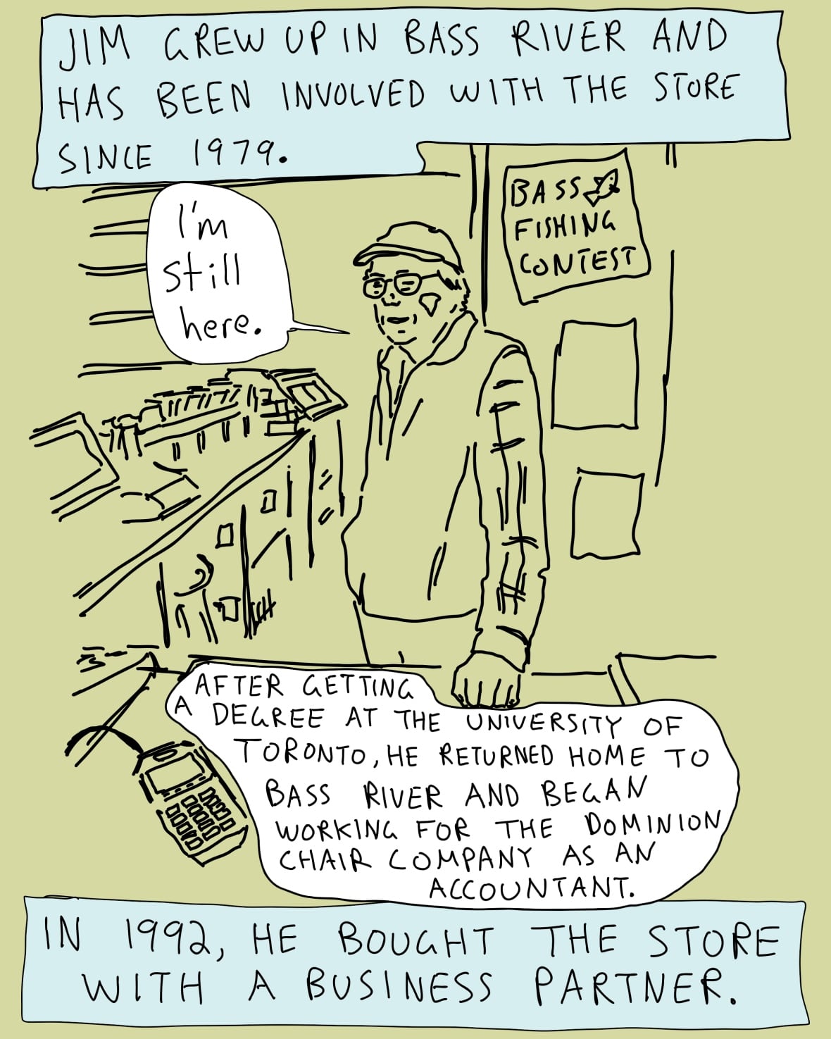 An illustration of Jim Grue in the store.