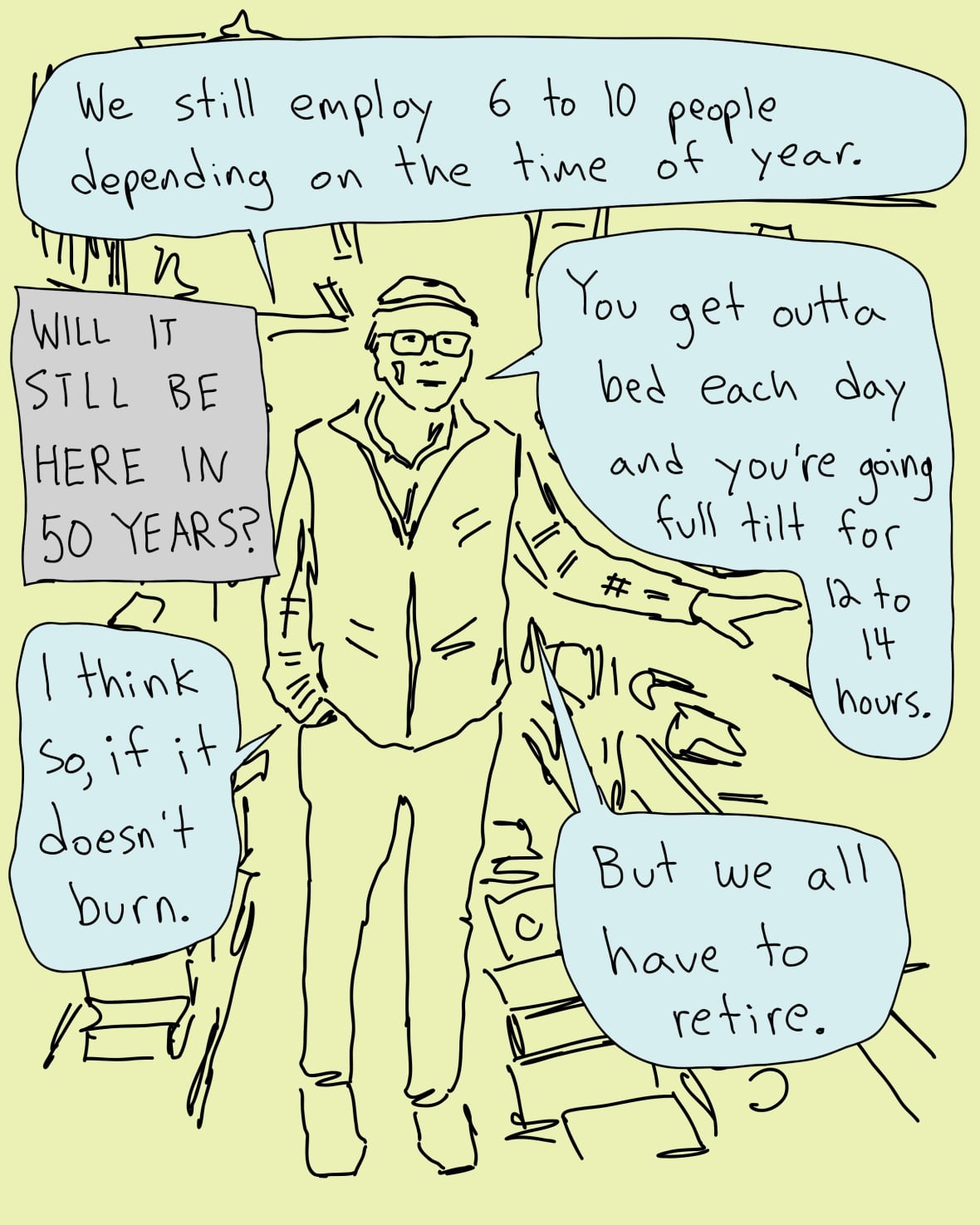 An illustration of Jim inside the store talking about the longevity of the store.