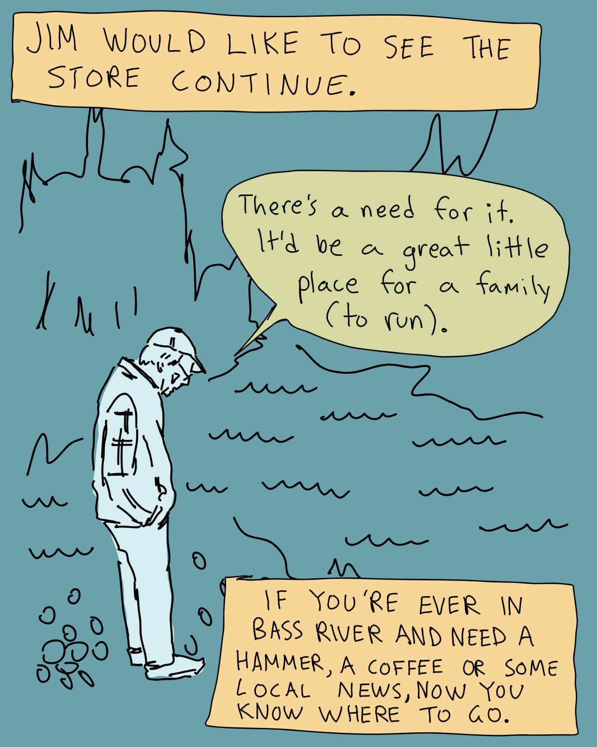 An illustration of Jim outside talking about how he hopes the store continues.