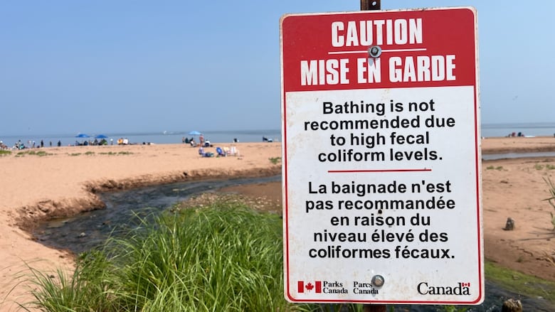A sign reading, 'Caution: bathing is not recommended due to high fecal coliform levels' with a white sand beach and the ocean in the background.