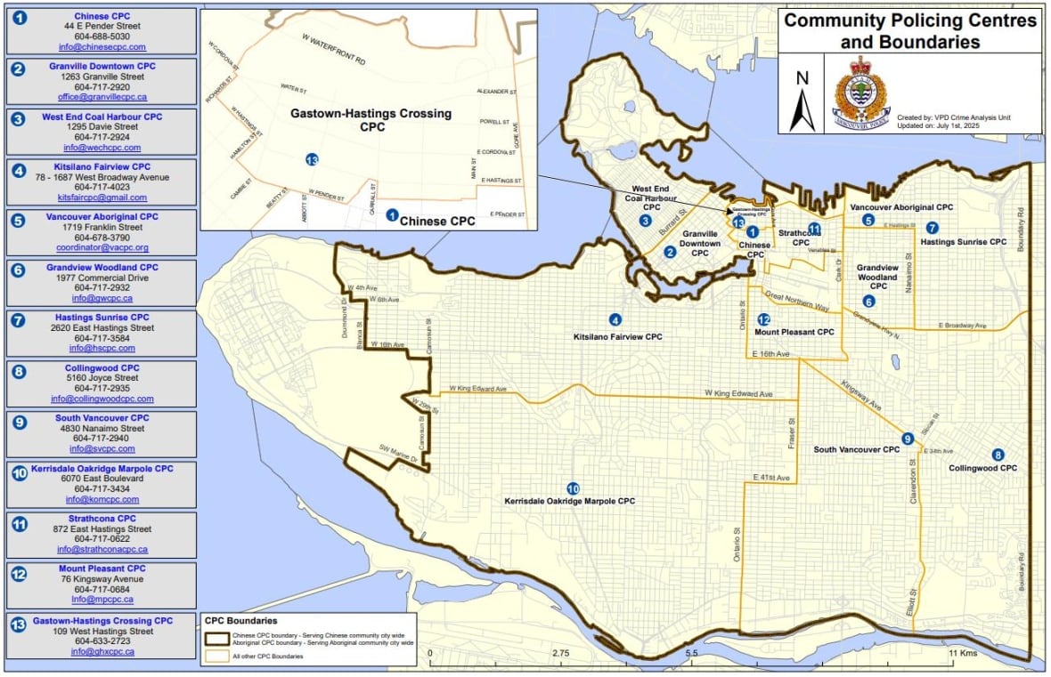 A map of the boundaries of Vancouver's 13 community policing centres