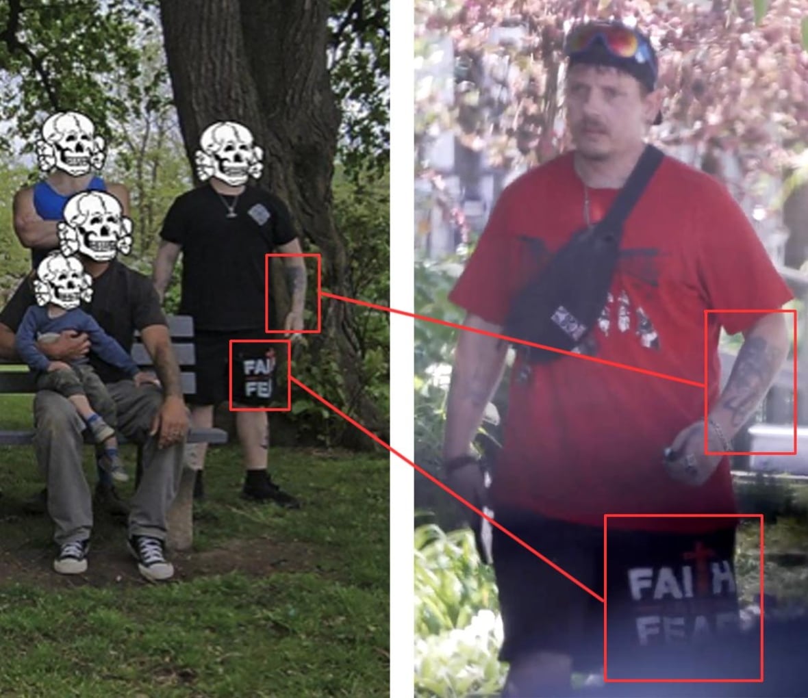 Two pictures side by side of people, one with faces obscured by Nazi skulls. Red boxes show that tattoos and clothing match up in both pictures.