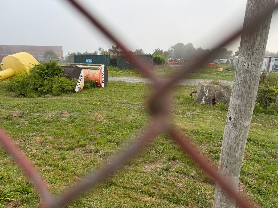 two large orange, brown and white tubes with the word "NAVY" written on them on the grass behind a chain fence