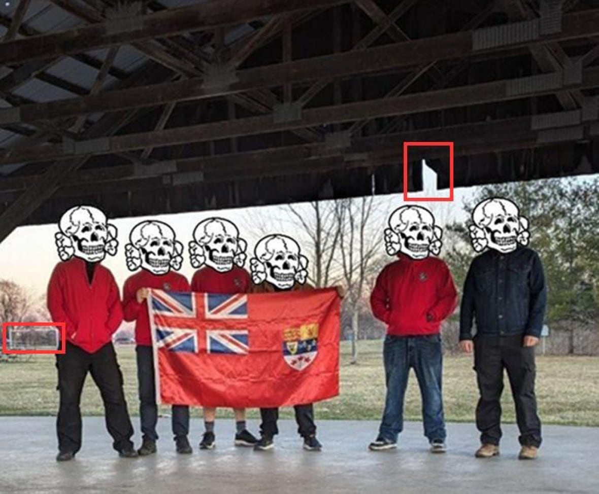 A group of people pose with a red flag under a gazebo in a park. Their faces are obscured by Nazi sculls.