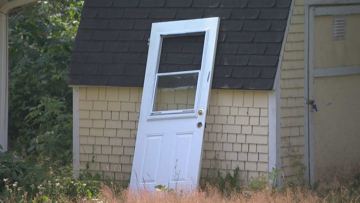 A white door removed from its frame leaning up against a barn in a backyard.