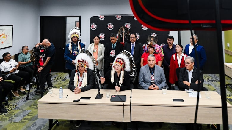 Assembly of First Nations Chief Cindy Woodhouse Nepinak, centre-left, speaks during a press conference in Ottawa, on Wednesday, July 16, 2025.
