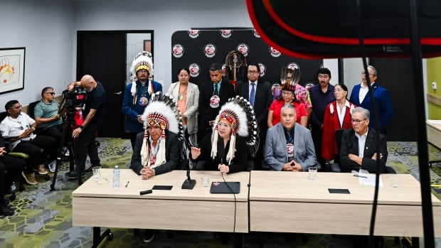 Assembly of First Nations Chief Cindy Woodhouse Nepinak, centre-left, speaks during a press conference in Ottawa, on Wednesday, July 16, 2025. 