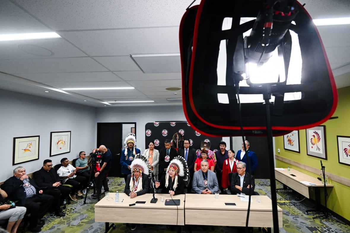 Assembly of First Nations Chief Cindy Woodhouse Nepinak, centre-left, speaks during a press conference in Ottawa, on Wednesday, July 16, 2025.