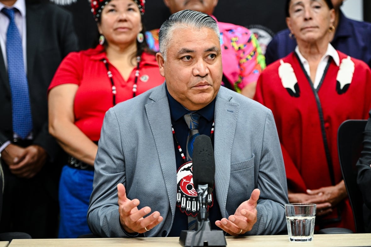 Regional Chief of the British Columbia Assembly of First Nations Terry Teegee speaks during a press conference in Ottawa, on Wednesday, July 16, 2025.