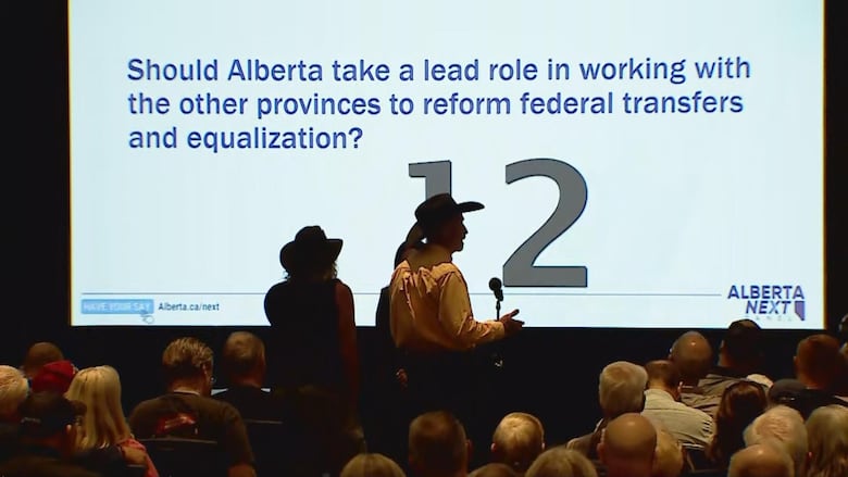 man in cowboy hat speaks into microphone, with question about equalization on video screen behind him.