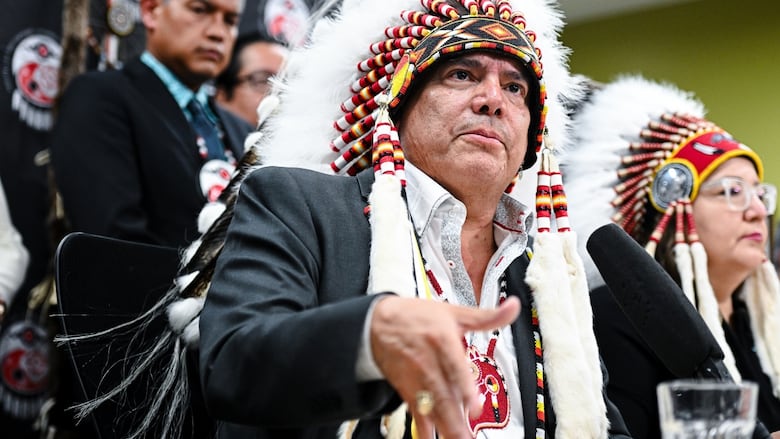Grand Chief of Manitoba Keewatinowi Okimakanak Garrison Settee speaks during a press conference in Ottawa, on Wednesday, July 16, 2025.