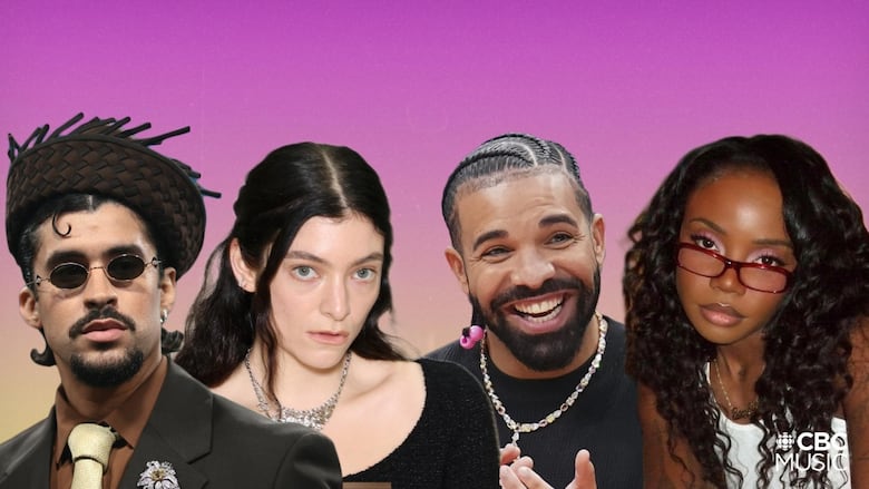 A graphic with a pink gradient background and photos of Bad Bunny (a Latinx man), Lorde (a white woman), Drake (a bi-racial man) and Bambii (a Black woman).