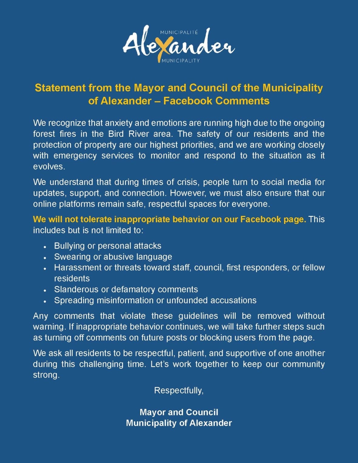 A blue notice with white and yellow text.