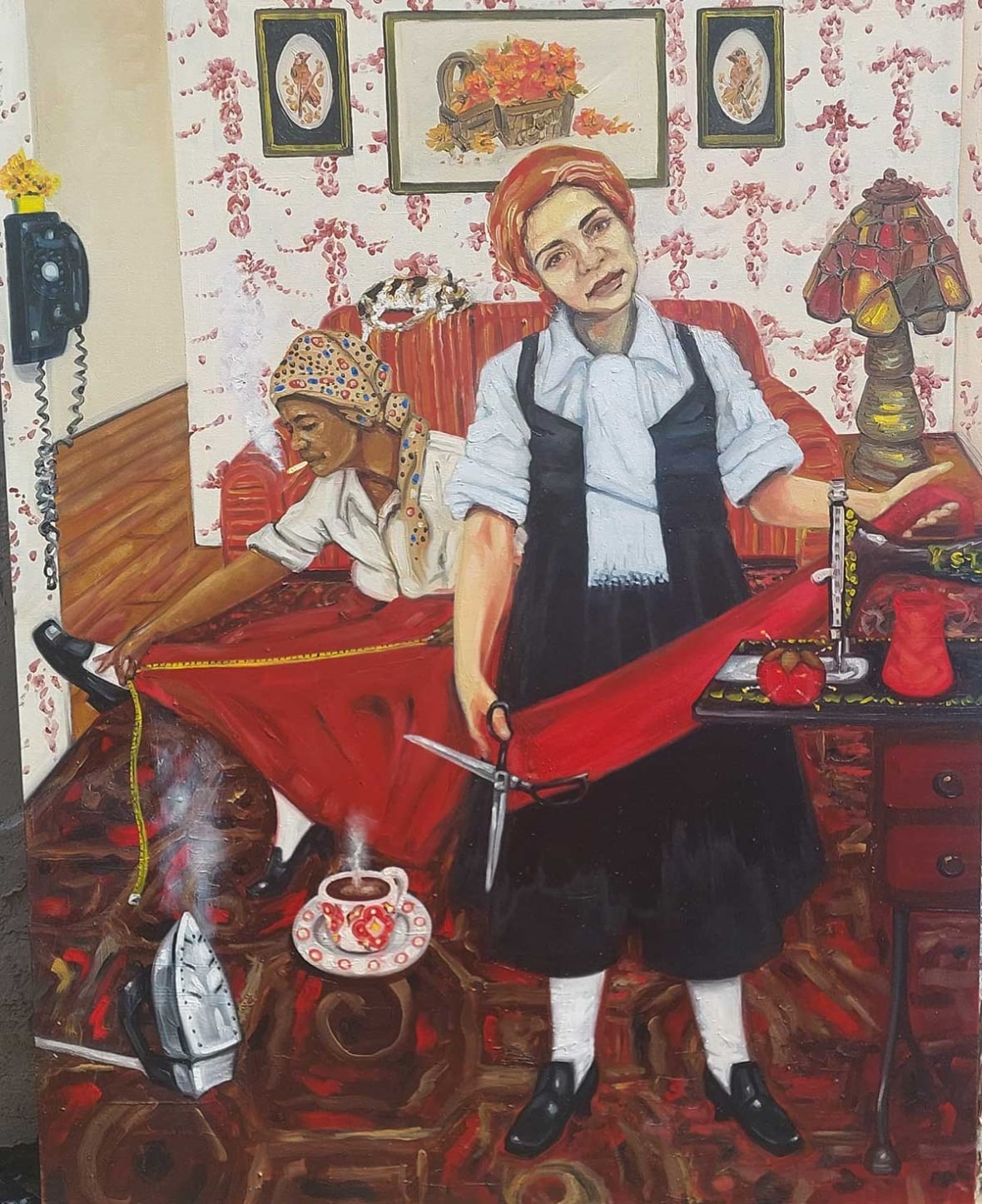 A painting of two women sewing clothes in a living room. 