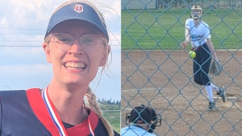 A composite image of a teenager with blonde hair and another image of them playing softball.