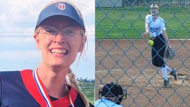 A composite image of a teenager with blonde hair and another image of them playing softball.