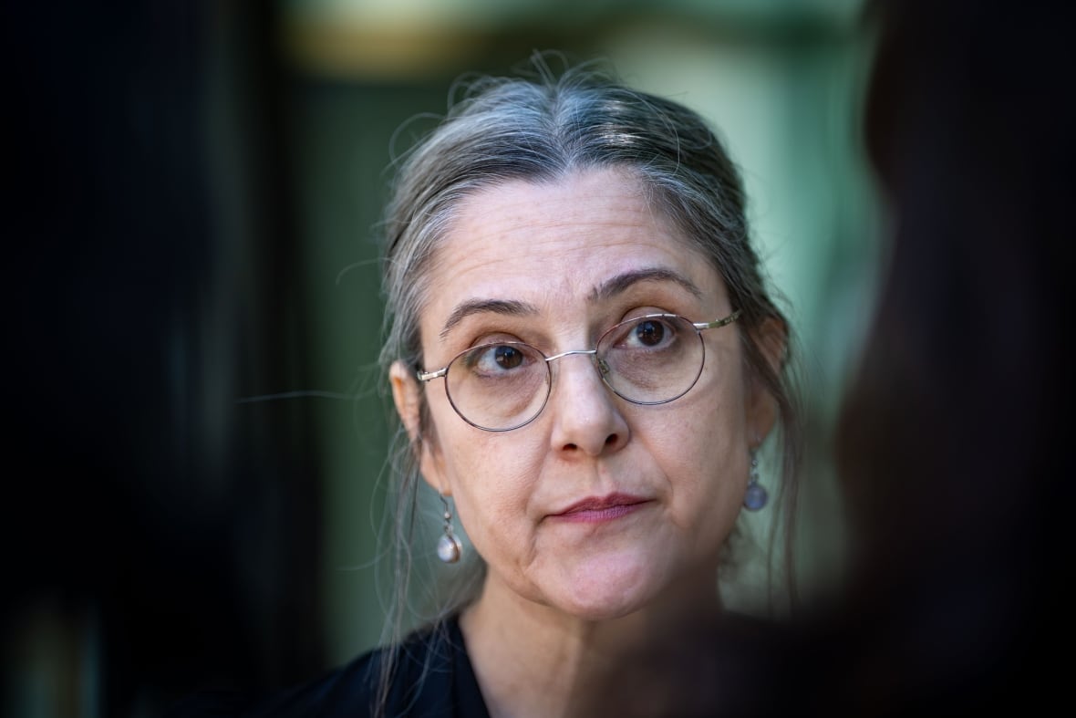 A woman with grey and black hair and glasses is seen with a neutral expression on her face as she speaks with a reporter outside.