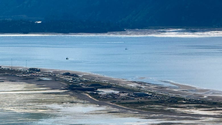 A line of vehicles are seen from afar on an ocean spit.