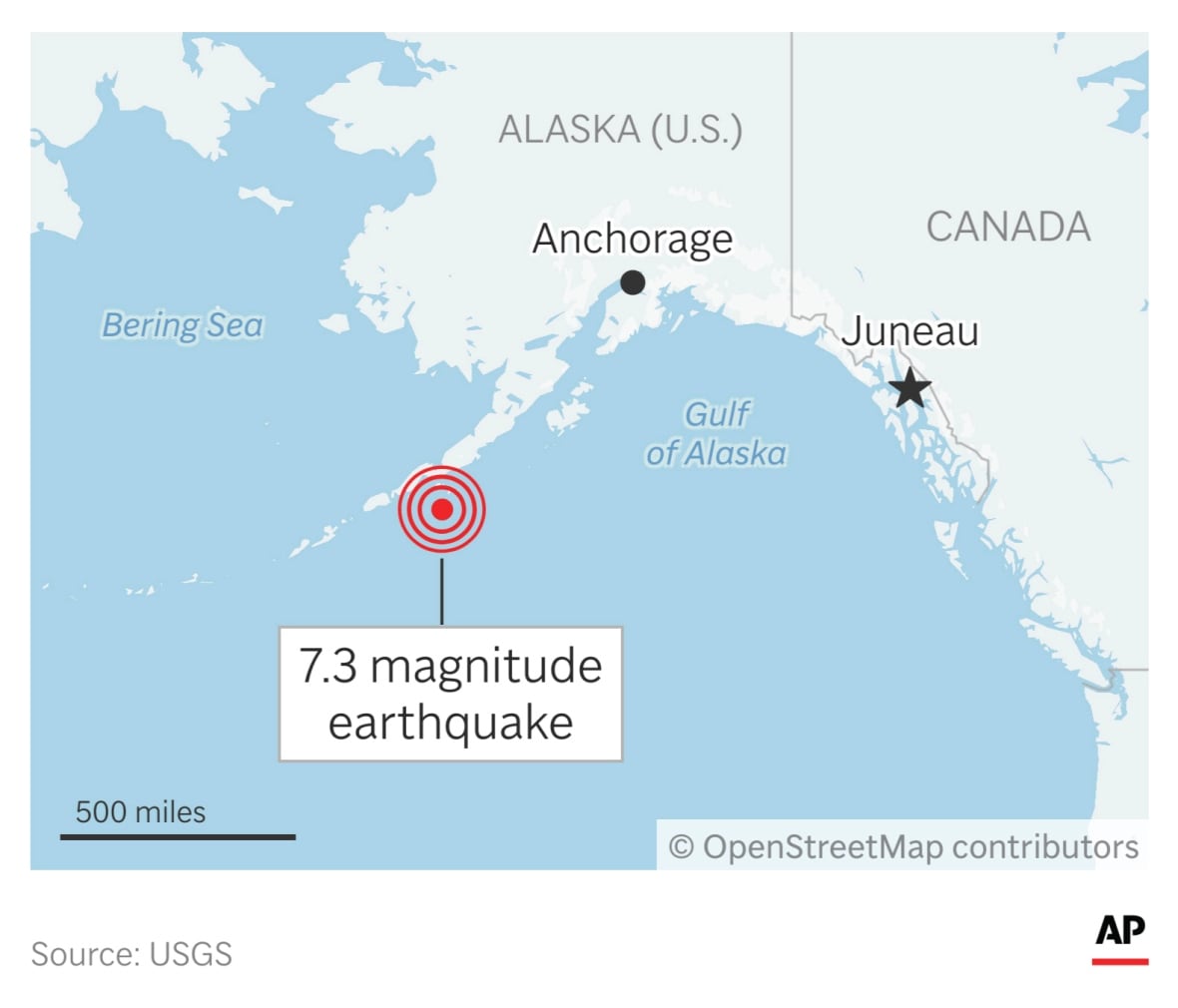 A map of Alaska showing the epicentre of a 7.3 earthquake offshore.