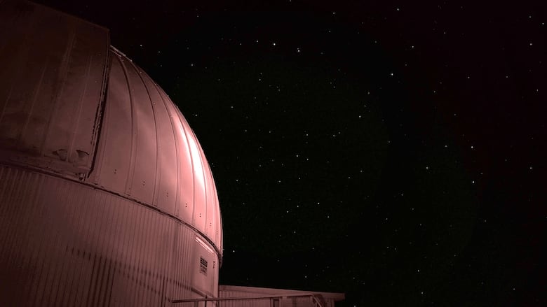 An astronomy observatory is seen among silhouettes of coniferous trees atop a mountain at night.