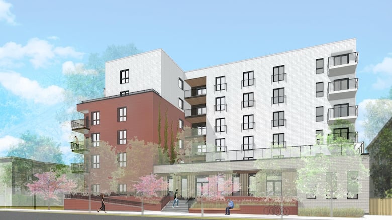 A graphic of a new B.C. Housing development that is an apartment building. 