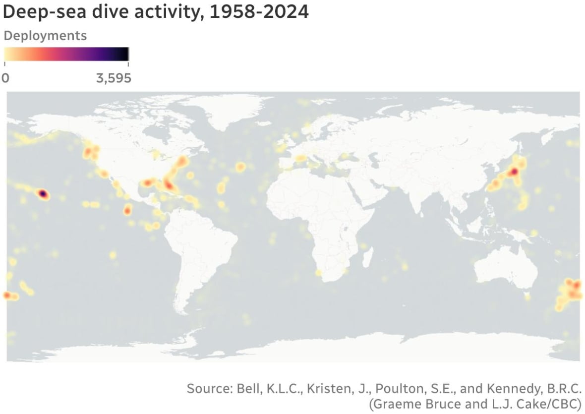 Map of the world with red and yellow areas indicating what has been explored with deep-sea dives