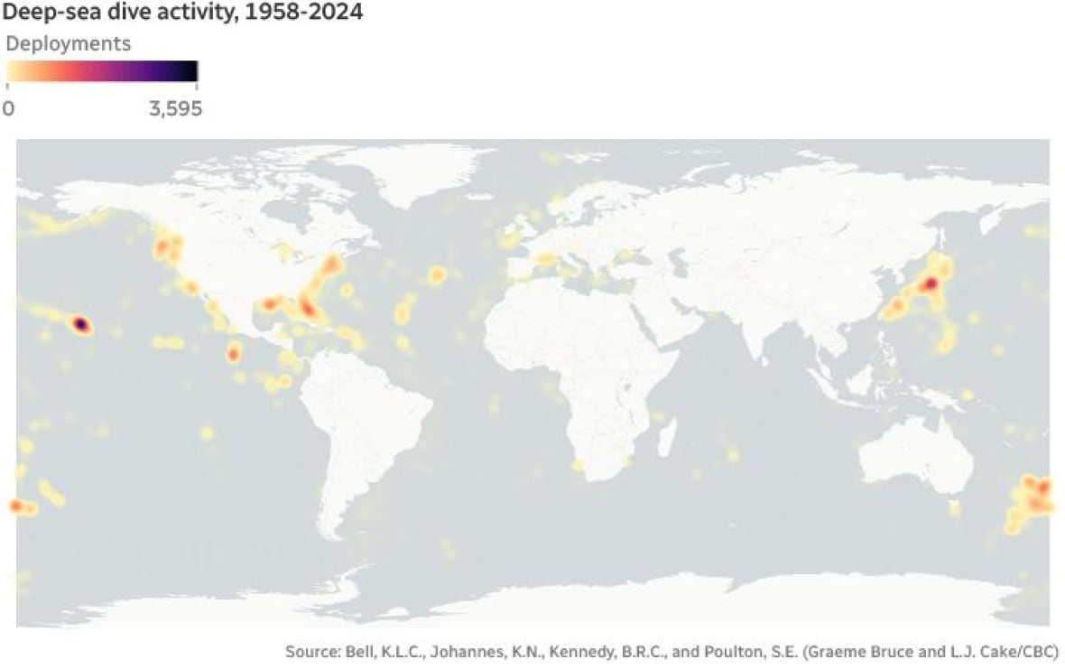 Map of the world with red and yellow areas indicating what has been explored with deep-sea dives