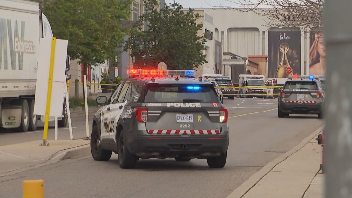 At least two police cars and ambulances can be seen outside a shopping mall. 