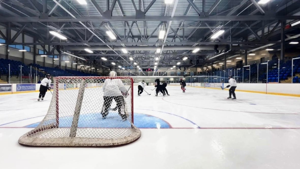 A shot of a hockey game in progress, standing behind the goalie with players in the background.