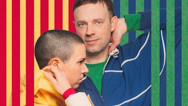 Two people in stripes atop a striped background.