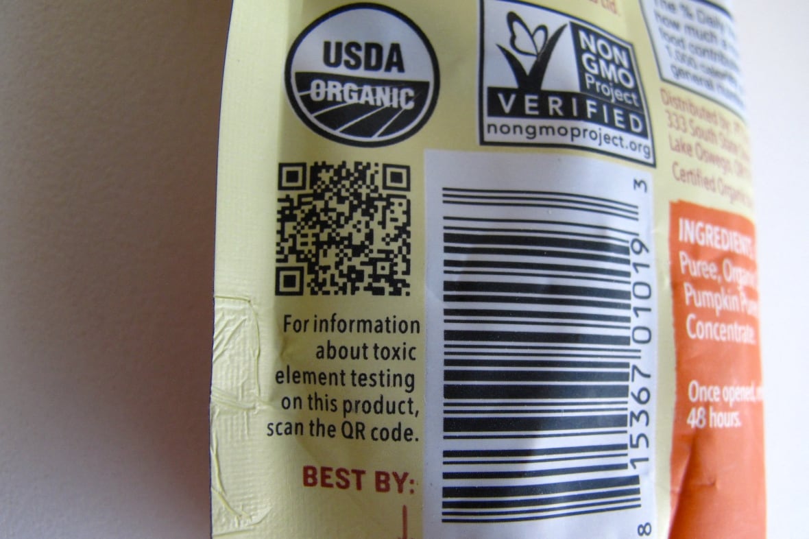 The back of a package of baby food, with a QR code