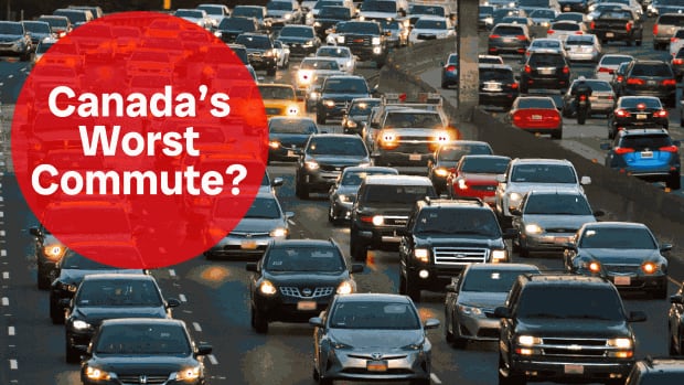 Gridlocked traffic on a highway. Text on the image says "Canada's Worst Commute?"
