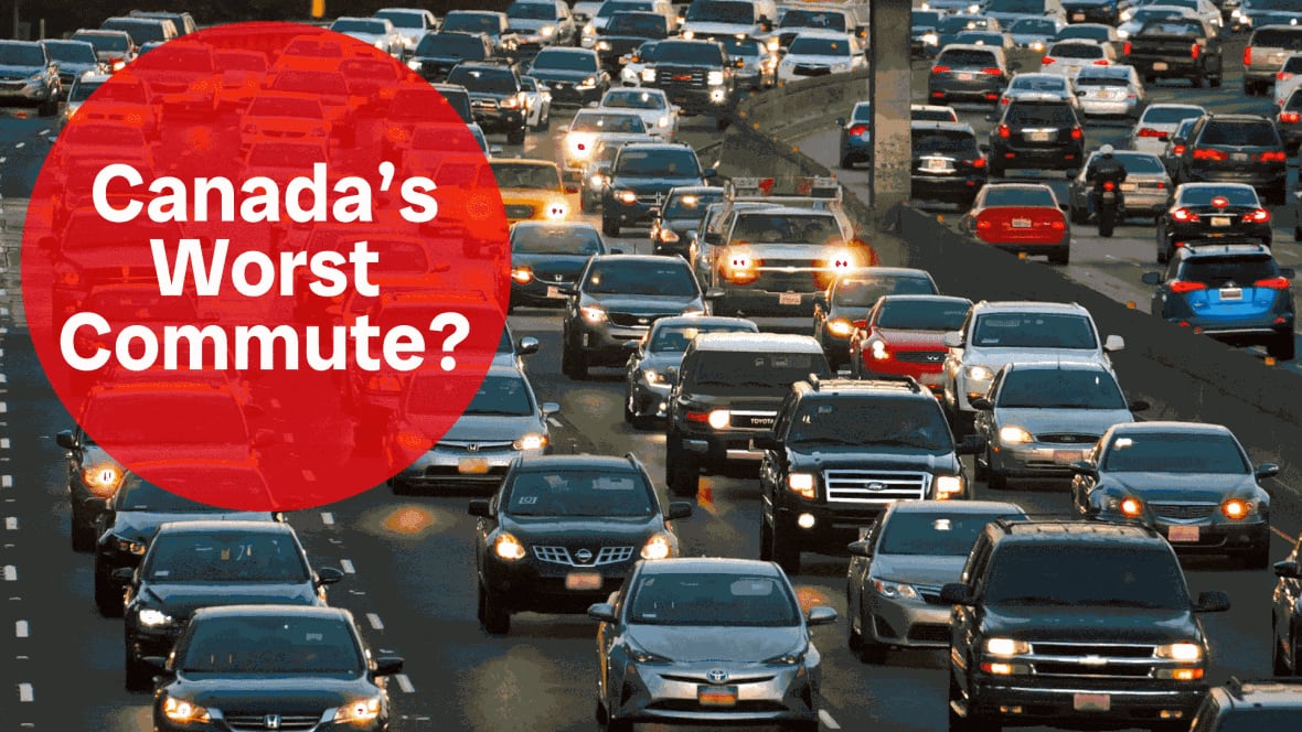 Gridlocked traffic on a highway. Text on the image says "Canada's Worst Commute?"