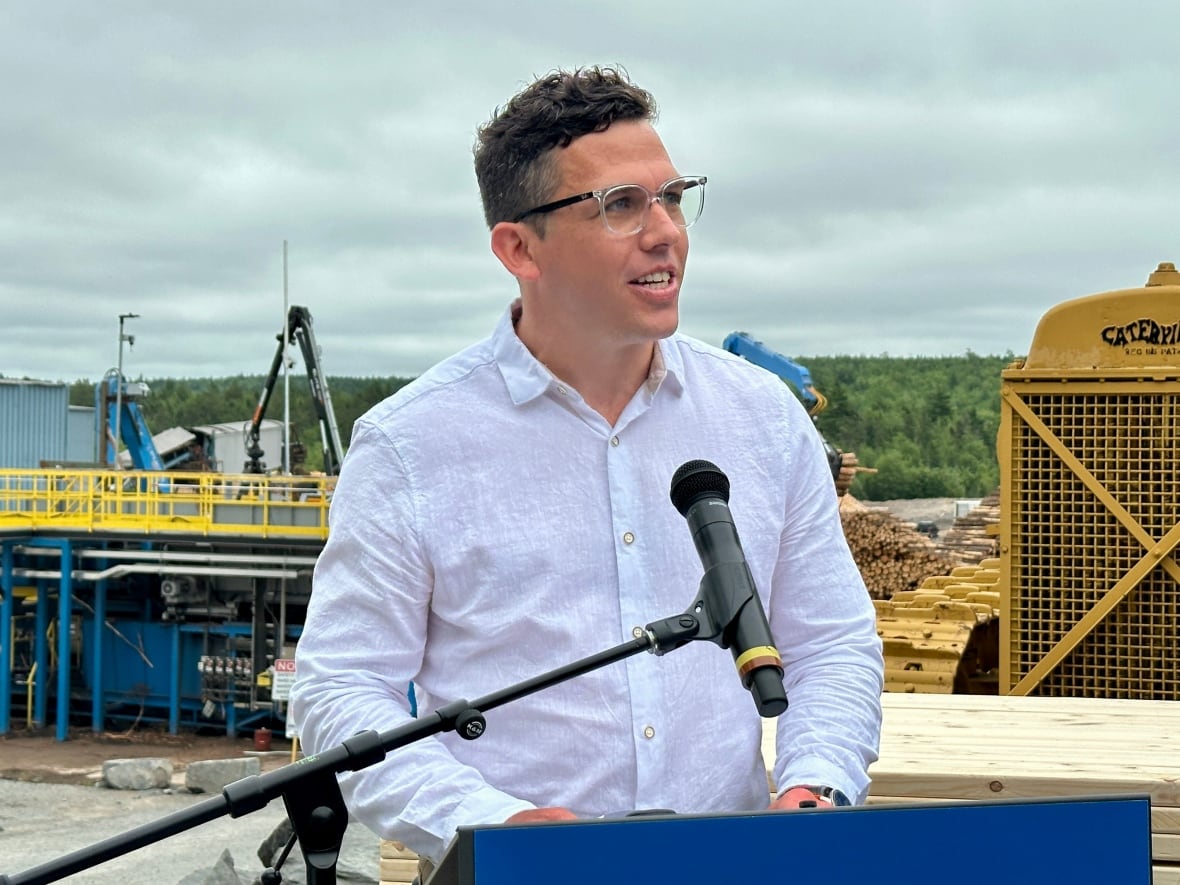 A man speaks into a microphone. A sawmill is seen in the background.