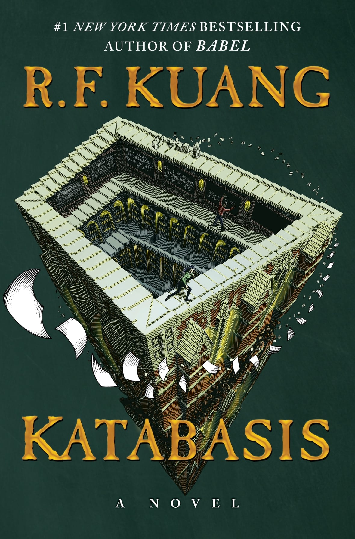 A green book cover of a building with yellow writing.