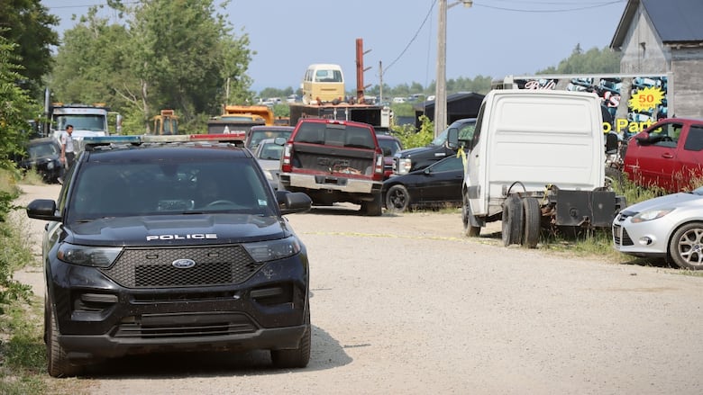 The front of a black police car is shown with a large number of broken-down vehicles in the background where a man with a security-guard uniform walks.