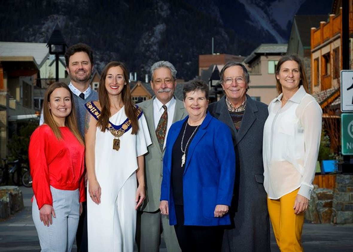 Seven people pose for a photo in Banff.