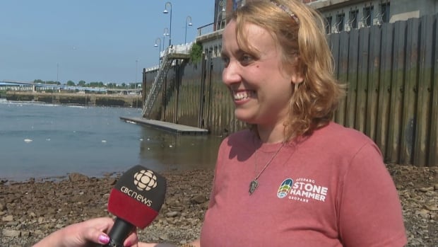 A smiling woman stands of the shore of an ocean harbour.