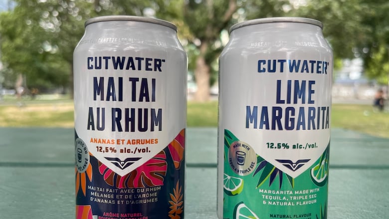 two cans with fruit-centric designs sit next to eachother on a park bench. 
