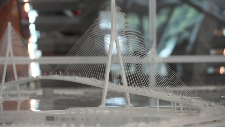 A detailed scale model of the Gordie Howe International Bridge.