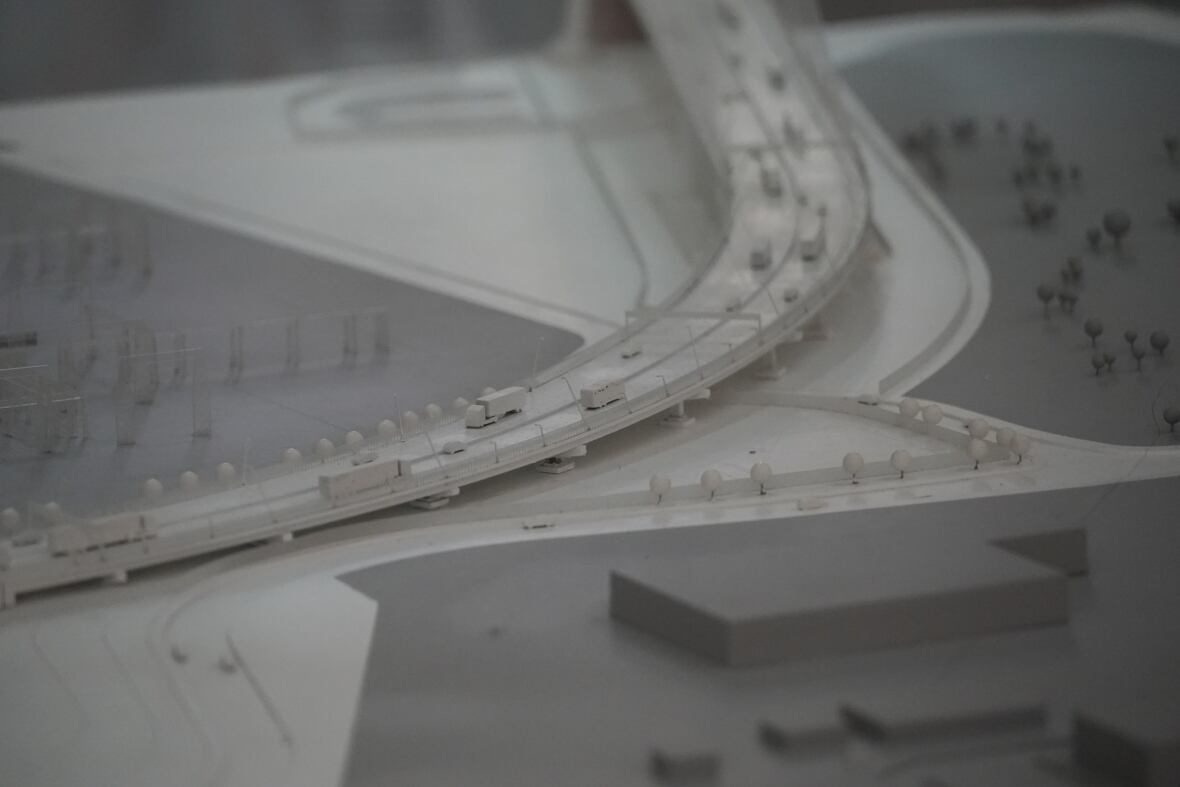 A detailed scale model of the Gordie Howe International Bridge. 