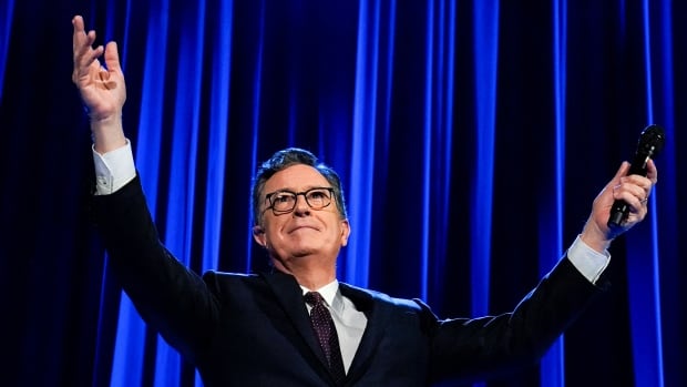 Stephen Colbert gestures during an event at Radio City Music Hall in New York City.