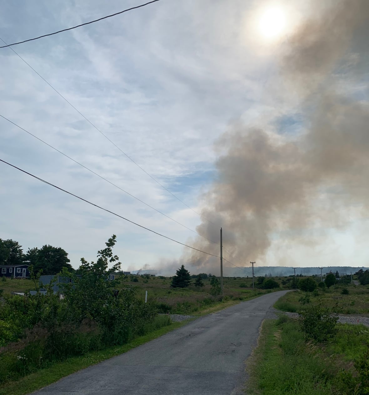 Smoke rising from the ground, with a blue sky in the background.