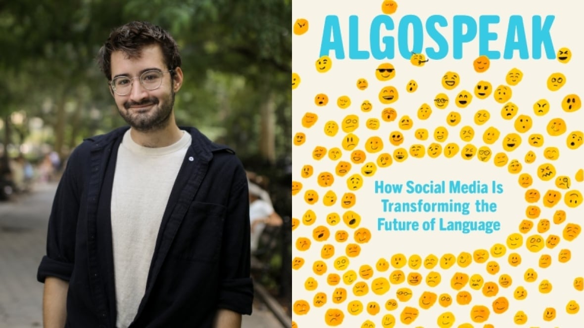 Young man stands smiling beside the cover of his new book.