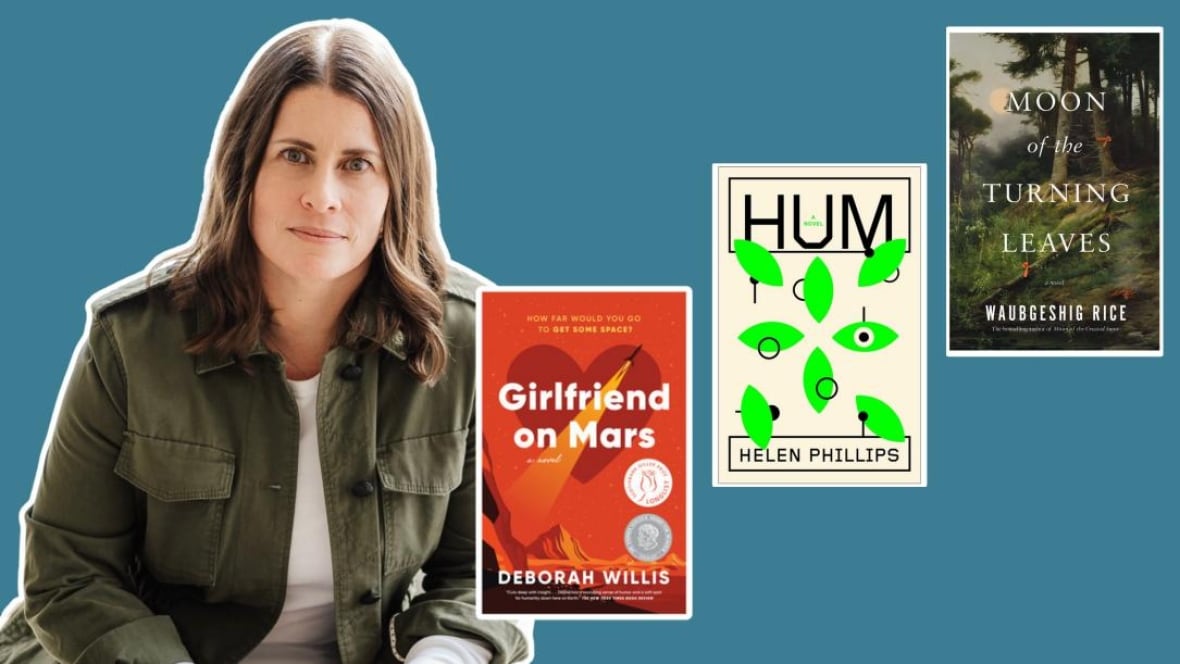 composite of three illustrated book covers and an author headshot of a white woman with long brown hair.