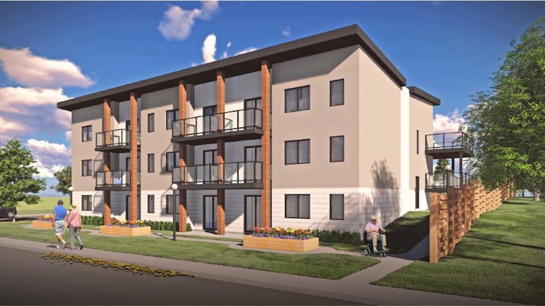 A southeast view rendering of the proposed housing project at 14 Edinburgh Road South in Guelph, Ont. The City of Guelph said the "deeply affordable" housing will be open to seniors living with mental health issues.