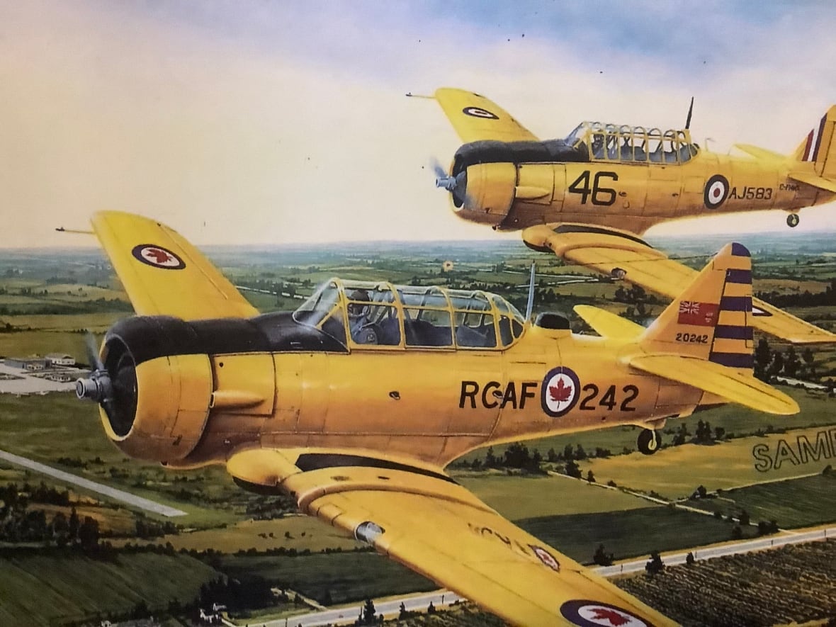 Two yellow planes fly in the sky.